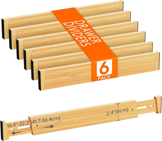 Lifewit 6 Pack Drawer Dividers Bamboo 2.4" High, 16-22" Adjustable Drawer Organizers for Clothes, Wooden Dresser Separators in Bedroom/Bathroom/Kitchen/Fridge/Office Organization and Storage
