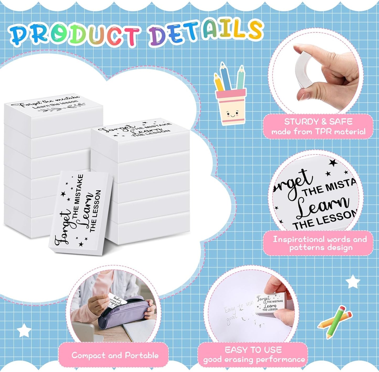 Nezyo 100 Pcs Inspirational Erasers Bulk for Kids Back to School Gifts Fun Erasers Motivational Reward Supplies for Classrooms Students Teachers Office Supplies(White)