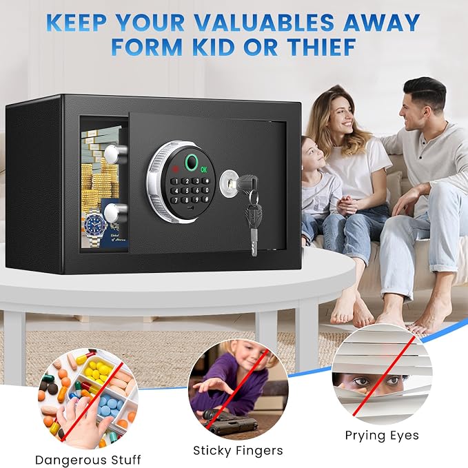 Small Smart Biometric Safe Box for Home, (6.5"D x 7"W x 6.5"H) | Mini Safes with Anti-Theft Dual Alerts, Mute Mode, Digital Security Money Safe for Cash, Jewelry, Business(without Shelf)