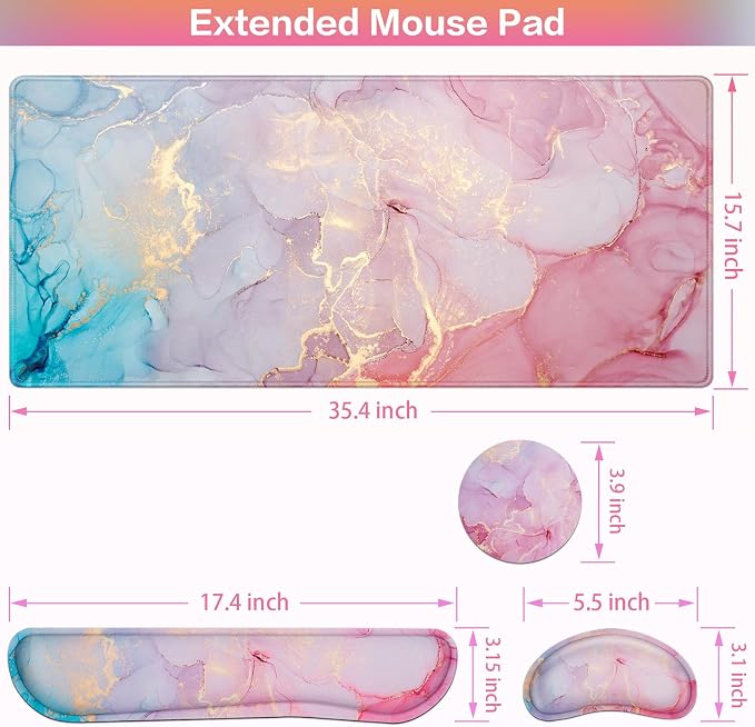 Mouse Pad Pink, Mouse Pad with Wrist Rest, 4-in-1 XXL Extended Large Desk | Mat Mousepad with Gel Wrist Support+Keyboard Wrist Rest+Coaster,Ergonomic Desk Pad for Study Gaming Home Office Computer