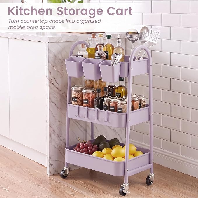3-Tier Rolling Cart, Utility Cart Mobile Metal Rolling Storage Cart with Lockable Wheels & Hanging Cups & Hooks for Kitchen, Bathroom, Office, Workshop, Purple