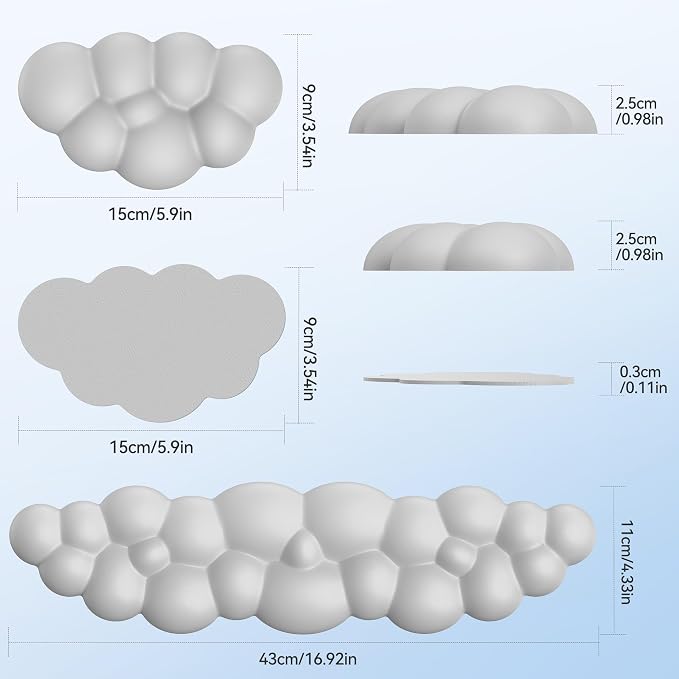 TECKNET Cloud Keyboard Wrist Rest Set, Cloud Wrist Rest with Non-Slip Base, PU Leather Wrist Pad for Keyboard with Ergonomic Memory Foam for Computer Laptop Office Gaming and Pain Relief, Grey