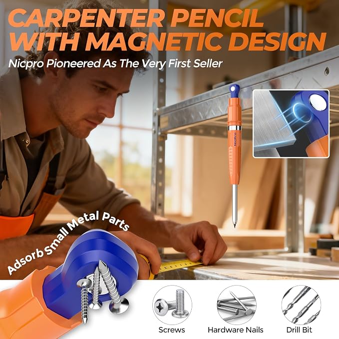 Nicpro 7-in-1 CP5000 Magnetic Carpenter Pencils with Sharpener and Holster | 2.8mm Construction Pencil+10 Refills, Deep Hole Marker for Construction, Woodworking Pencils with Strong Magnet Pickup Cap