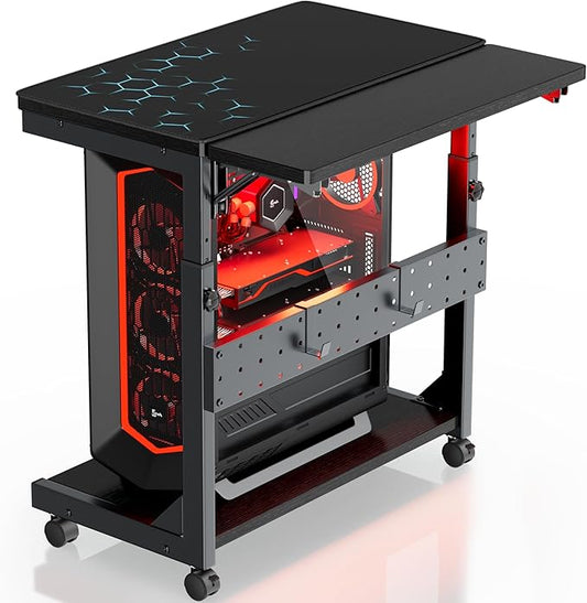 Height Adjustable Computer Tower Stand, 2-Tier PC Stand CPU Holder Under Desk Gaming Case Cart with Rolling Wheels & Mouse Pad, Folding End Table