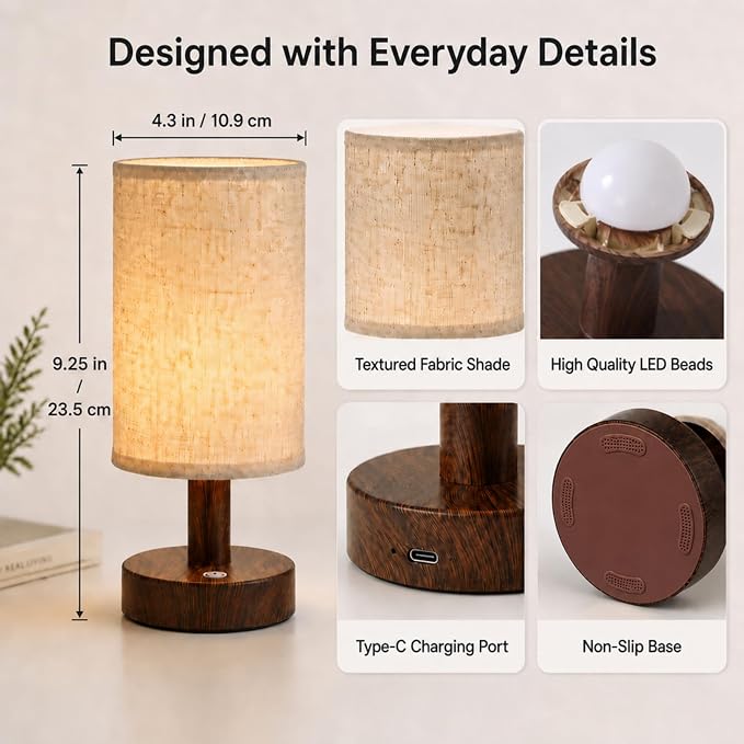 Mini Cordless Bedside Lamp, Touch Rechargeable LED Night Light | Minimalist Portable Lamp, 3 Color Modes, Stepless Dimmable, 4000mAh Battery, Decor for Bedroom & Living Room