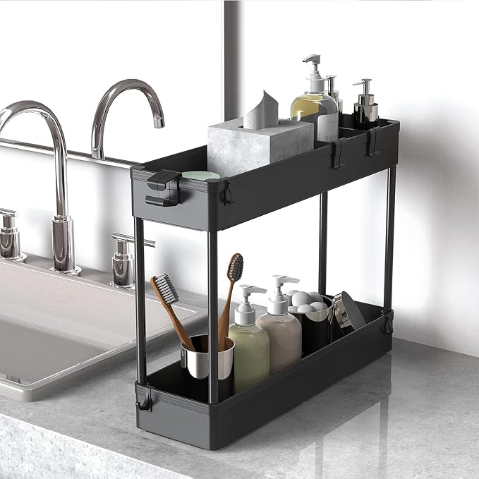 2-piece Set Slim Storage Cart 3 Tier,Bathroom Organizer Rolling Utility,Mobile Shelving Unit Slide Out for Office, Kitchen, Laundry Room & Narrow Places