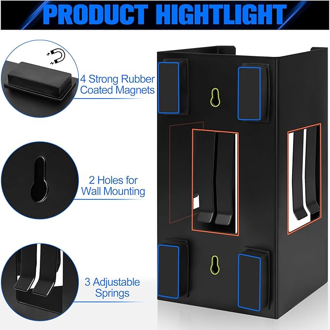 Magnetic Glove Dispenser 2 Pack - Heavy Duty Wall Mount & Fridge Organizer for Gloves, Paper Towels, Wipes - Tool-Free Installation for Kitchen, Garage, Workshop, Office - Black (Black Steel)