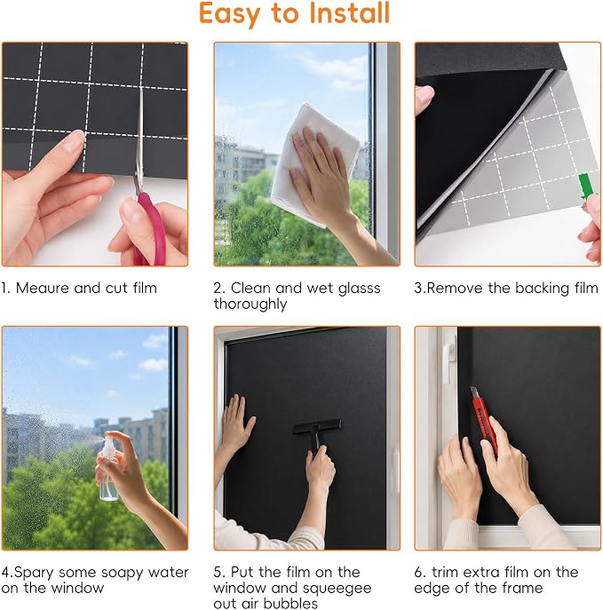 Blackout Window Privacy Film, Removable Window Cover Static Cling, Darkening Light Heat Blocking, Window Tint for Home Garage Bedroom Day Sleep, Black 35.4 Inch * 78.74 Inch