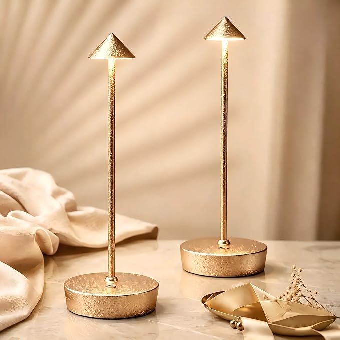 2P Cordless Rechargeable Led Table Lamp Battery Operated Light CHMP Gold | Ice Crackle Finish Champagne Gold Touch 3 Color Dimming Portable Metal Outdoor Waterproof Light for Patio/Restaurant/Dining