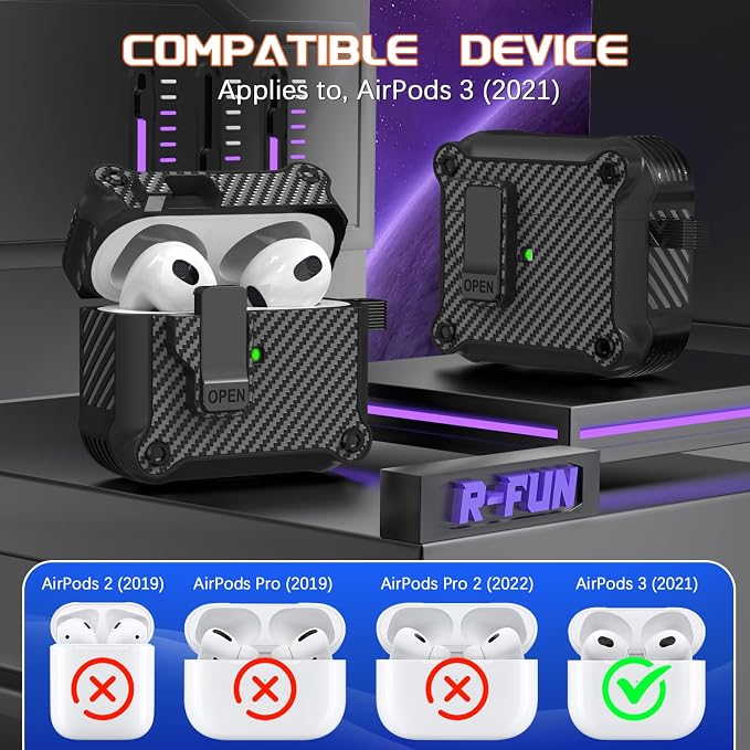 R-FUN for AirPods 3 Case Cover with Lock Magnetic Lid, Black | Compatible with Apple AirPods 3rd Generation (2019) Case with Cleaner Kit & Carabiner, Powerful Drop Protection