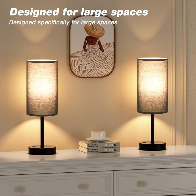 Touch Nightstand Lamp - Black, 3-Way Dimmable, USB A + C Charging, AC Outlet, 17.4inch Medium