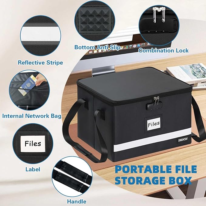 Fireproof File Box with Lock, Upgraded Fireproof Document Box with Reflective Strip, Portable File Organizer Filing Cabinet with Handle for Hanging Letter/Legal Folder, 15.5" x 12.3" x 10.5" | Fireproof