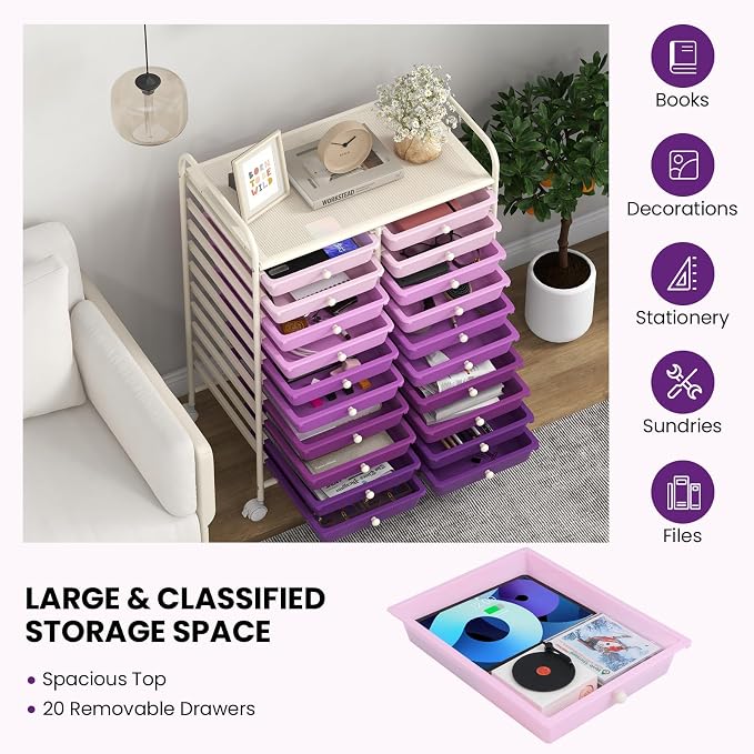 COSTWAY 20-Drawer Rolling Storage Cart, Utility Storage Organizer Cart | For Tools, Scrapbook, Paper, Craft, Multipurpose Storage Trolley on Wheels for Home Office School (Purple Gradient)