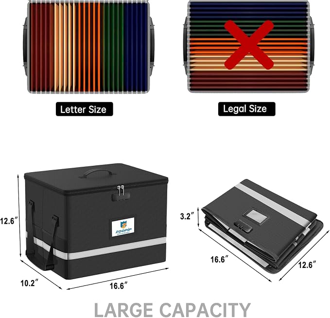 Fireproof File Box with Lock, 5200℉ Document Organizer, Black | Suitable for Letter Size Hanging Folders, Reflective Strip for Fast Find,Foldable Home Office Protection,16.6"x12.6"x10.2"