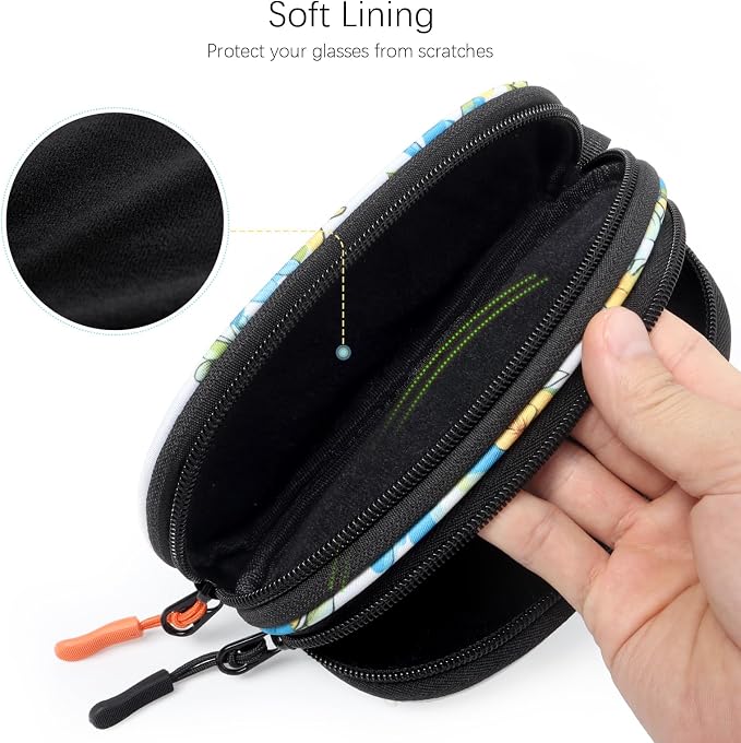 Double Eyeglasses Case Soft Portable Zipper Sunglasses Pouch with Keychain Clip for Men Women