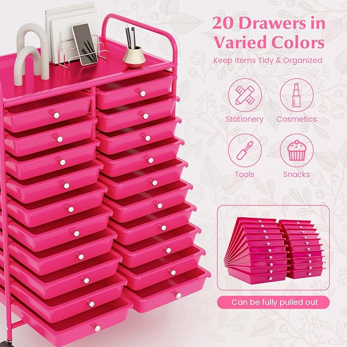 RELAX4LIFE 20-Drawer Rolling Storage Cart - Mobile Rolling Cart w/Drawers for School Classroom Teacher Office Home Salon, Paper File Art Supply Craft Organizer, Utility Cart on Wheels (Hot Pink)