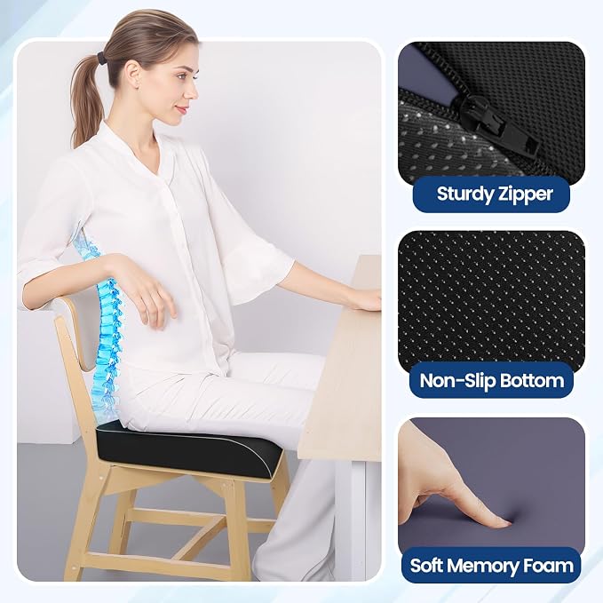 SweetSlubr Seat Cushion for Tailbone Pain Relief, Office Chair Cushion, Chair Pad, Memory Foam Large Cushion with Non-Slip Cover for Soft Support at Office Chair, Car Seat, Airplane, Black/Large