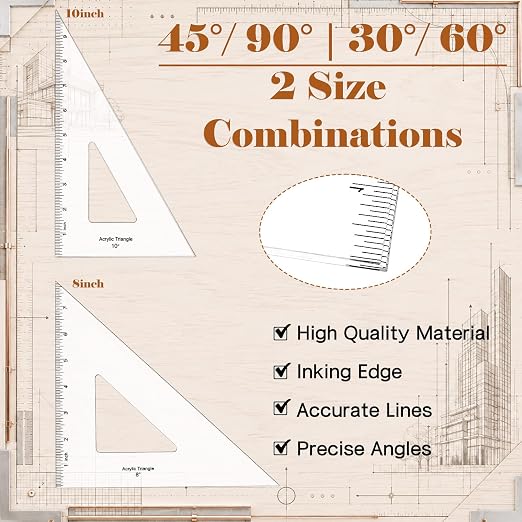 Coopay 2 Pack Triangle Ruler, 30/60 & 45/90, Clear Acrylic, Inking Edge | Drafting Triangle, 10 inch 30/60, 8 inch 45/90 Degree, Technical Drawing Tools, Design, Architect and Engineering, Student