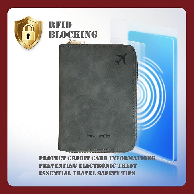 Passport Holder with Tether and Carabiner Clip to Prevent Loss and Theft, Rfid Passport Holder for Travel, Passport Cover, Wallet & Case for Men and Women (Gray - Tether and Carabiner)