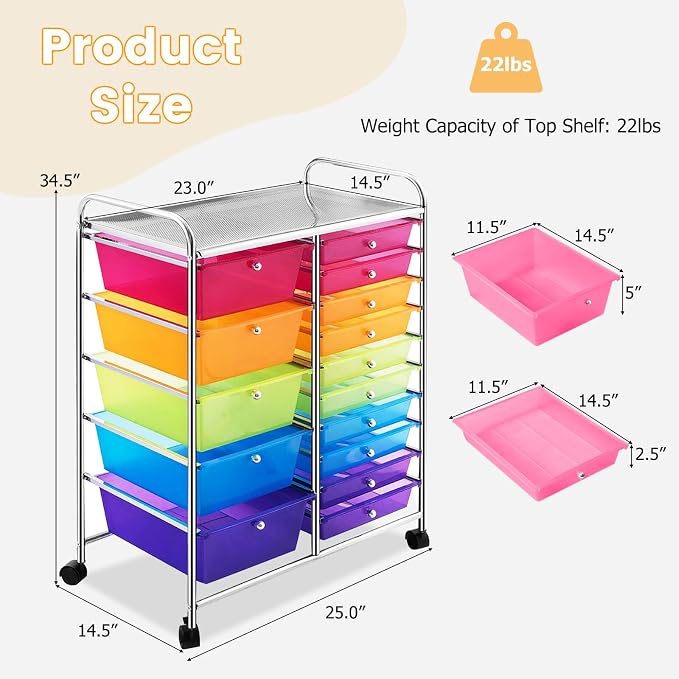 GLACER 15 Drawers Rolling Storage Cart, Steel Frame Craft Organizer Cart | Utility Cart w/Lockable Wheels & Sleek Handle, Mobile Art & Tool Supply Trolley for Teacher, Home, School, Office (Rainbow)