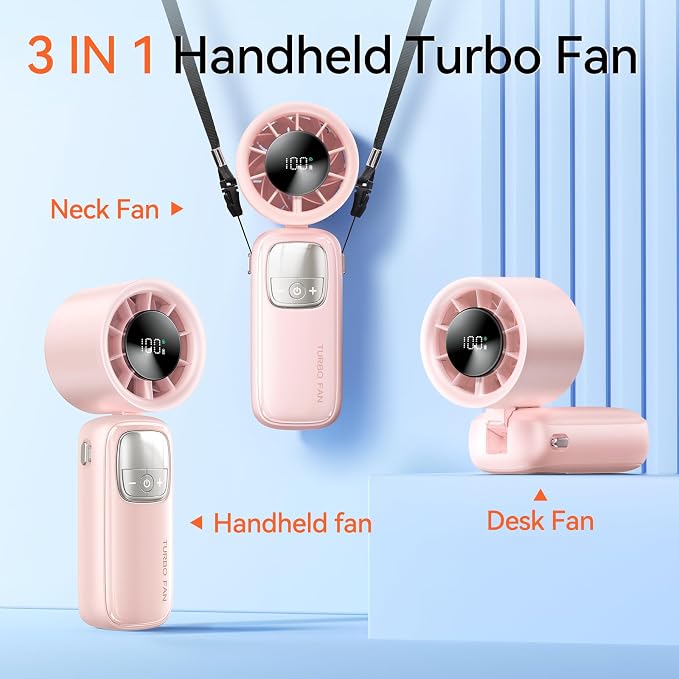 KIMMOO 3-in-1 Portable Handheld Turbo Fan-100 Speeds, 15000 RPM, 10Hrs Cooling, LED Display, 90° Rotation, Small Travel Fan, Mini Foldable Hand Held Personal Fan for Women Men (Pink)