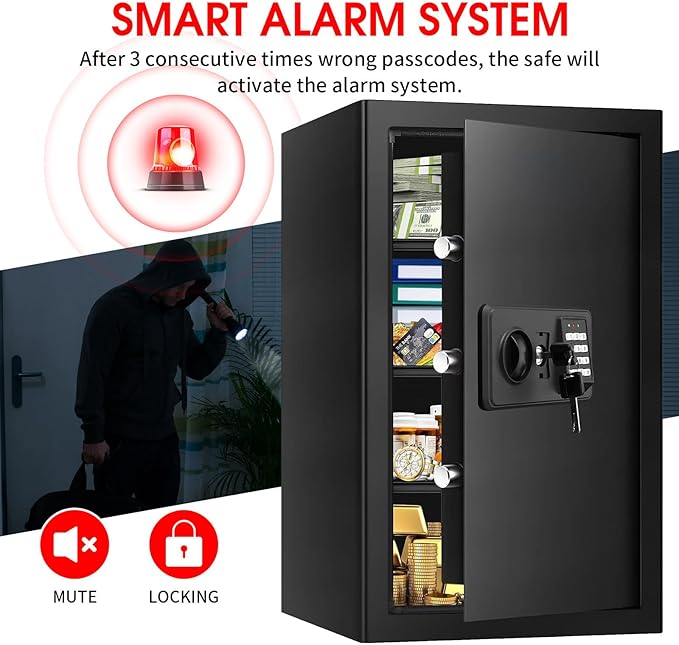 5.2 Cub Large Home Safes Fireproof Waterproof, Anti-theft Fire Safe with Programmable Keypad, Spare Keys and 3 Removable Shelves, Digital Home Security Safe Box for Home Document Money Valuables