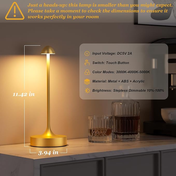Kakanuo Rechargeable Cordless Table Lamp, Battery Operated Lamps, 3-Color Stepless Dimming, Portable Wireless Desk Lamp, LED Lighting for Dining Room, Restaurant, Office, Bar, Home(Gold 2 Pack)