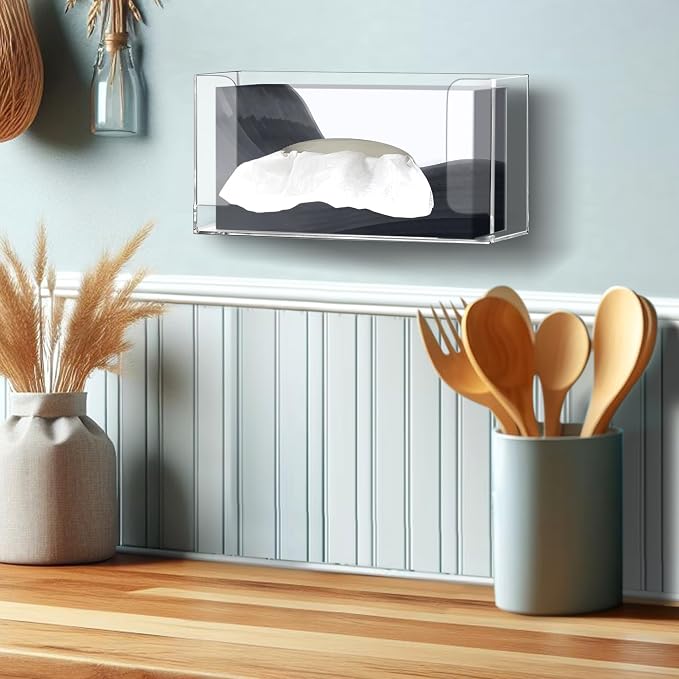 Abby Acrylic Glove Box Organizer, Wall-Mounted Dispenser, Floating Holder, Small Size (1 Box), 10.5" W x 5.0" H x 3.5" D (Mounting Hardware Included)