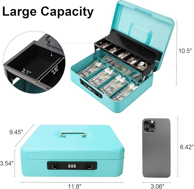 Jssmst Cash Box with Sliding Coin Lid and Snap Latch Combination Lock - Portable Cash Box with Money Tray and Lock, Secure Locking Money Box for Cash Organizer, 11.8L x 9.5W x 3.5H Inches, Light Blue