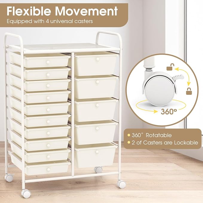 COSTWAY 15 Drawer Rolling Storage Cart, Mobile Storage Organizer | Removable Drawers & Metal Frame, Multipurpose Utility Tools Paper Organizer on Wheels for Home, Office (White)