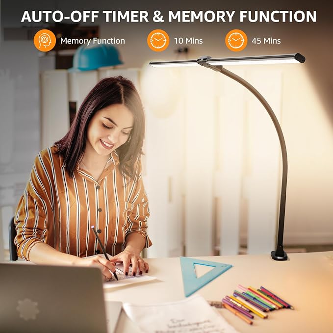 ShineTech LED Desk Lamp for Home Office, Ultra Bright Clamp Light with Flexible Gooseneck, 25 Lighting Modes, Eye-Caring Architect Lamp for Dual Monitors, Reading & Gaming Setup