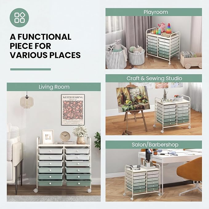 RELAX4LIFE 12-Drawer Rolling Storage Cart - Mobile Utility Cart on Wheels for School Classroom Teacher Office Salon, Paper File Art Supply Craft Organizer, Rolling Cart with Drawers (Gradient Green)