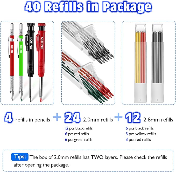 Enhon 4 Pack Carpenter Pencil Set with Sharpener, Green/Red/Black/Yellow | 45mm Deep-Reach Tip, 36 Refill Leads, 2mm & 2.8mm Lead Sizes, Durable Construction, Pocket Clip, Multi-Surface Drawing