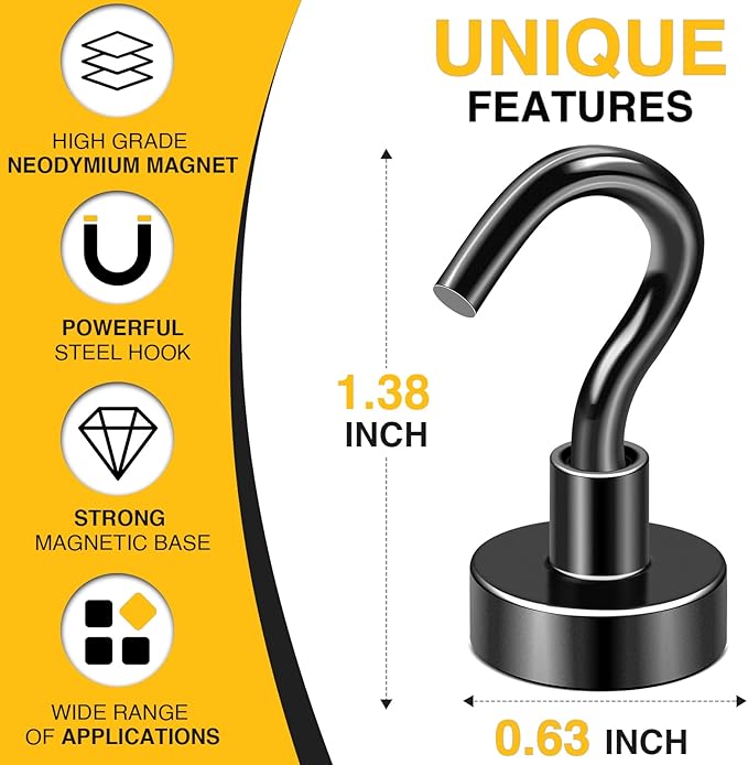 DIYMAG Magnetic Hooks, 30lbs 60pcs Cruise Cabin Essentials Heavy Duty Black | Strong Neodymium Rare Earth Magnets, for Kitchen, Classroom, Beach, Cruise Cabins, Refrigerator, Hanging Key Clothes Wall Hat