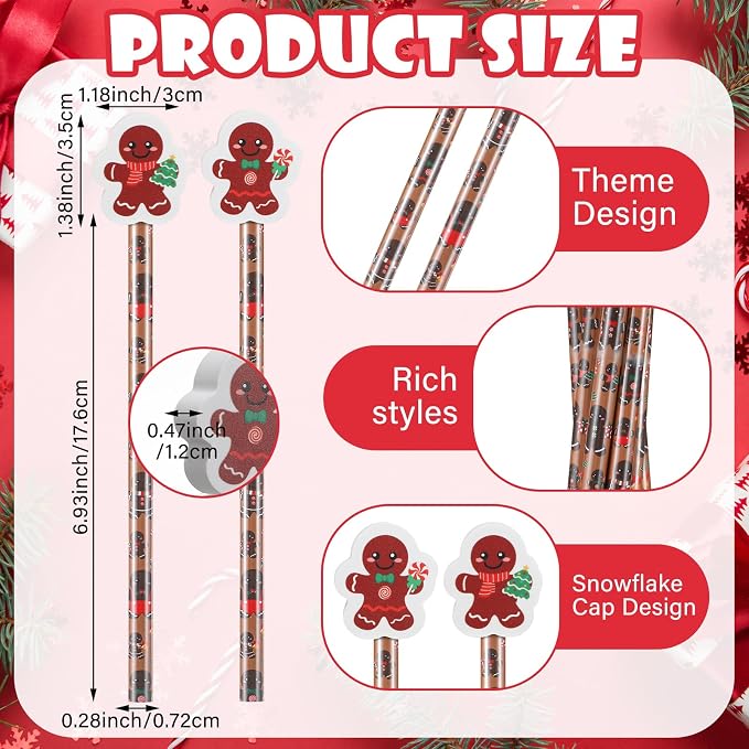 32 Pcs Gingerbread Pencils with Erasers, 16 Christmas Gingerbread Pencils Bulk 16 Erasers Winter Christmas Stationery Supplies for Classrooms Exchange Reward Prizes Home Office School Supplies