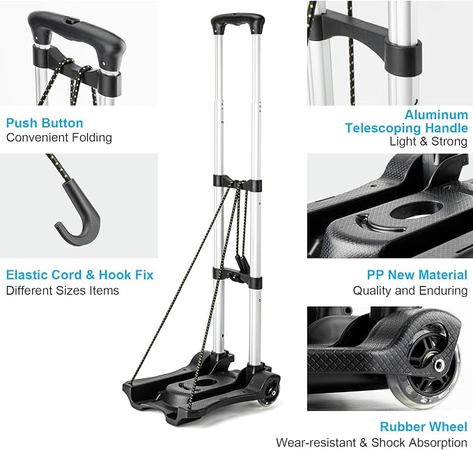 Vsaikeo Small Folding Hand Truck Dolly with 2 Wheels, Foldable Luggage Cart | Lightweight Aluminum Collapsible Cart Portable Dolly for Airport Travel Moving Use