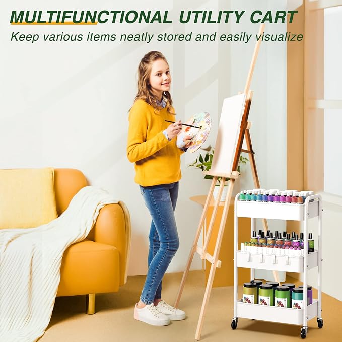 LEHOM 3 Tier Rolling Cart, Metal Rolling Utility Cart with Lockable Wheels | Multi-Functional Heavy Duty Storage Cart Organizer for Bathroom, Kitchen, Office, Living Room, Rolling Storage Trolley