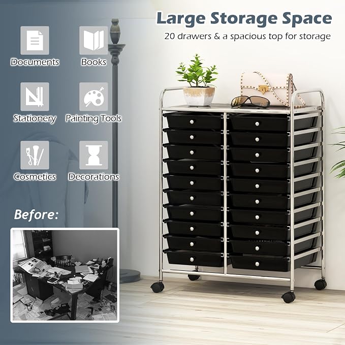 RELAX4LIFE 20 Drawer Rolling Storage Cart, Mobile Rolling Cart w/Drawers for School Classroom Teacher Office Home Salon, Paper File Art Supply Craft Organizer, Utility Cart on Wheels (Black)