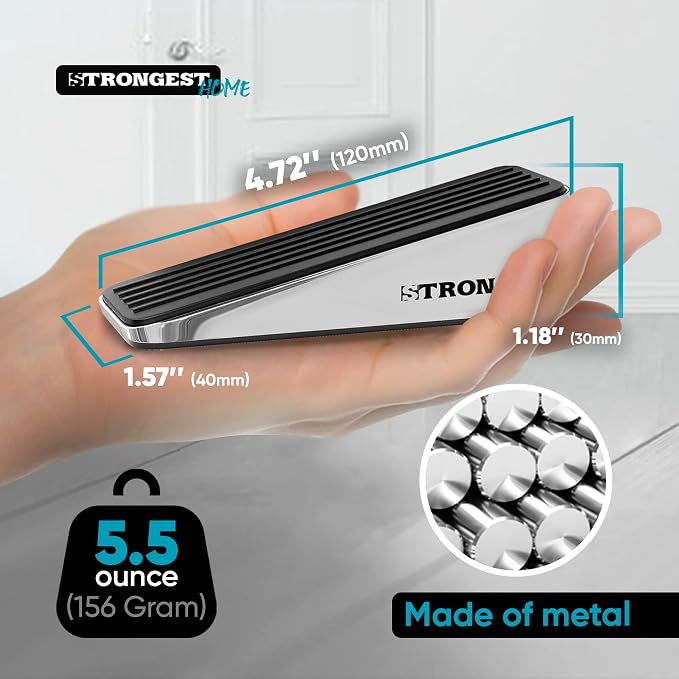 STRONGEST HOME Stoppers for Bottom of Door – Heavy Duty Metal Rubber Door Stopper, Non-Slip Door Stop for Heavy Doors, Works on Wood, Tile & Carpet Floors Wedge Chrome 4 PCs + 4 White Wall Protectors
