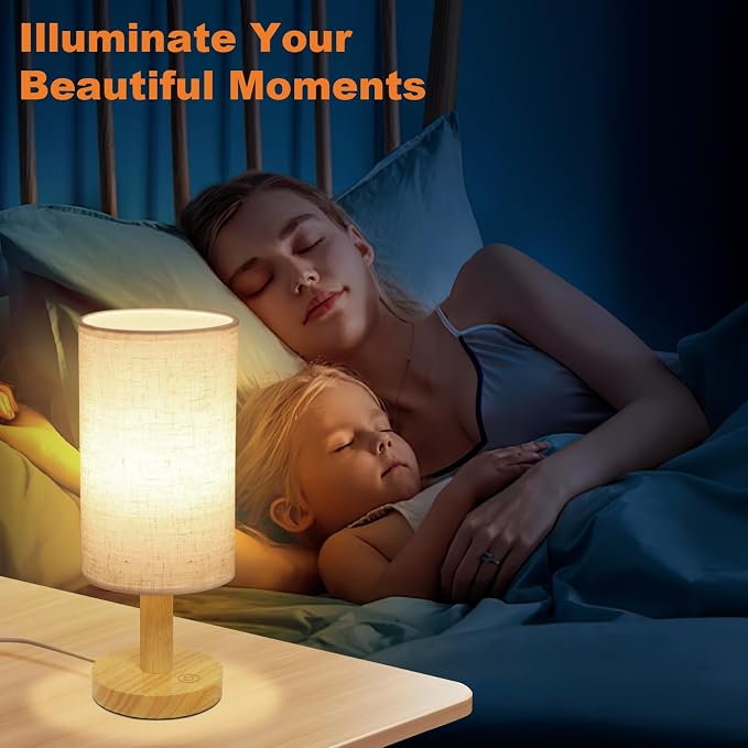 Small Touch Table Lamps Set of 2 with Stepless Dimming&USB Plug, Natural Round Wood Base & Linen Fabric Shade |Soft Ambient Night Light |Minimalist Boho Bedside Lamp for Bedroom,Nursery,Kitchen,Dorm