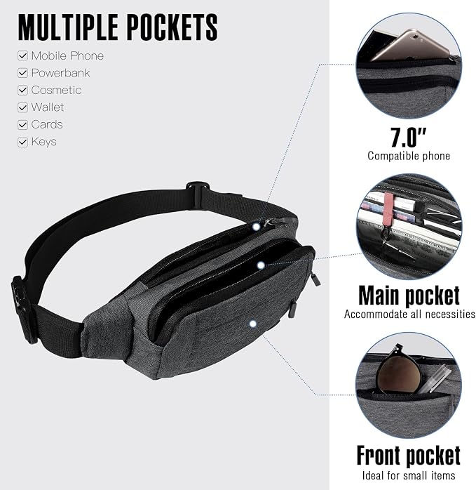 WATERFLY Small Fanny Pack Crossbody Lightweight Waist Bag for Woman Man | Adjustable extender strap, Slim compact, Water-resistant durable material, Breathable back pad, Multi-scene for travel, daily
