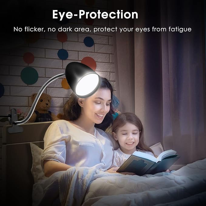 E ENERGETIC LIGHTING Clip on Light for Bed, Non-Dimmable Clip on Reading Light for Bed, 4000K Cool White, 3.5W 240 LM Desk lamp with clamp, Eye Protection, ETL Listed, Black