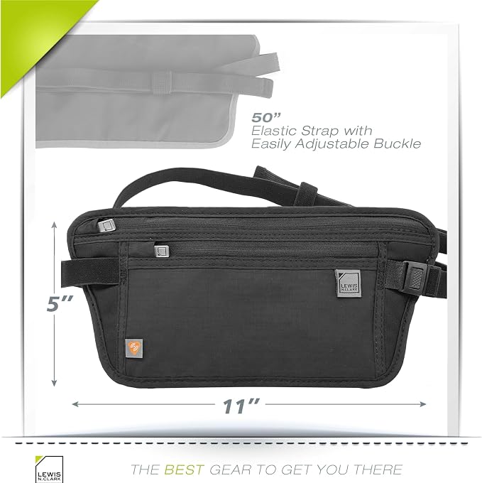 Lewis N. Clark Travel Money Belt Pouch, Slim RFID Blocking Anti Theft Waist Stash Pouches for Cash, Cards and Passport Holder