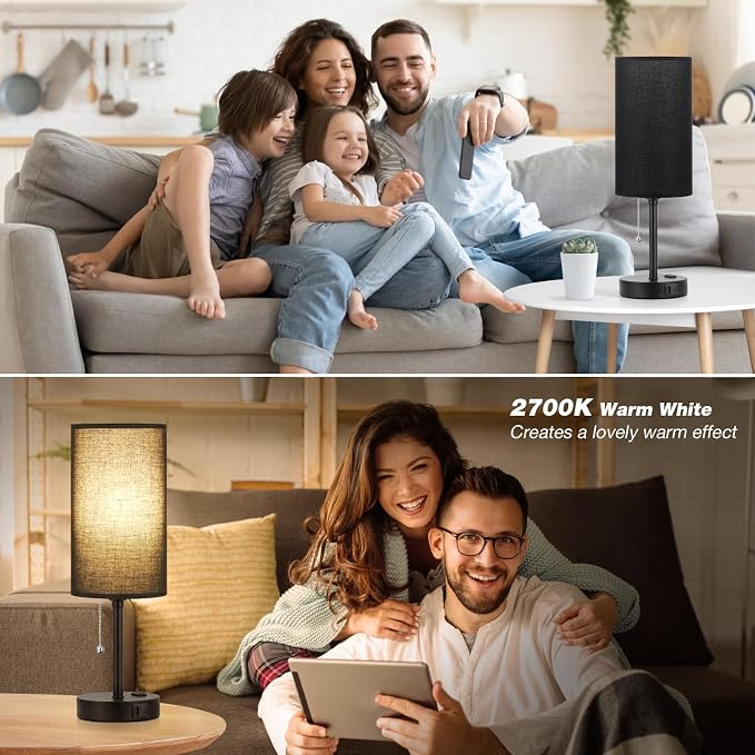 17in Bedside Table Lamp for Bedroom, Desk Lamp with USB Ports for Dorm | 17" Night Stand Lamp, USB A+C Ports, AC Outlet, 3 Color Temperatures, LED Bulb Included, Black Fabric Shade, Matte Black Base
