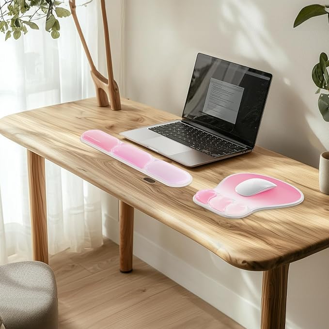 AKIT Ergonomic Mouse Pad and Keyboard Wrist Rest Set,Gel Mousepad,Rose Pink | Wrist Support for Computer Keyboard, Non-Slip PU Base, Pain Relief, Typing Comfort, Fit for Gaming, Office, Home