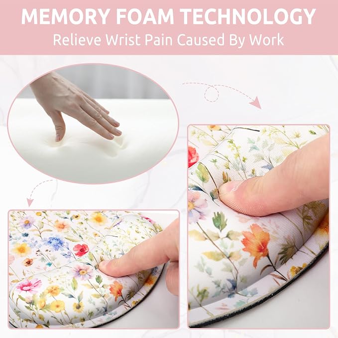 KONVINIT Ergonomic Mouse Pad with Wrist Rest, Small Mousepad with Non-Slip Rubber Base and Smooth Surface, Floral Mouse Pads for Desk, Office Desk Accessories
