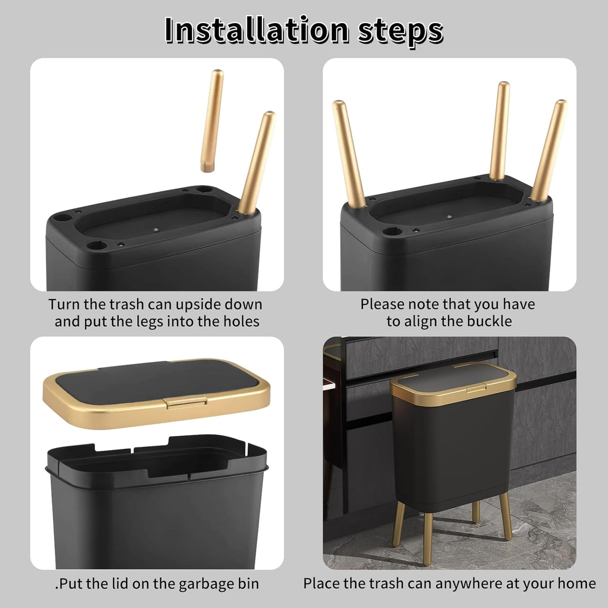 Procade 2Pack BathroomTrash Can with Lid, Modern Garbage Bin for Kitchen, 4 Gallon Garbage Can with Gold Edge, Plastic Trash Bin Waste Basket for Bedroom, Living Room,Office(Black+Green)