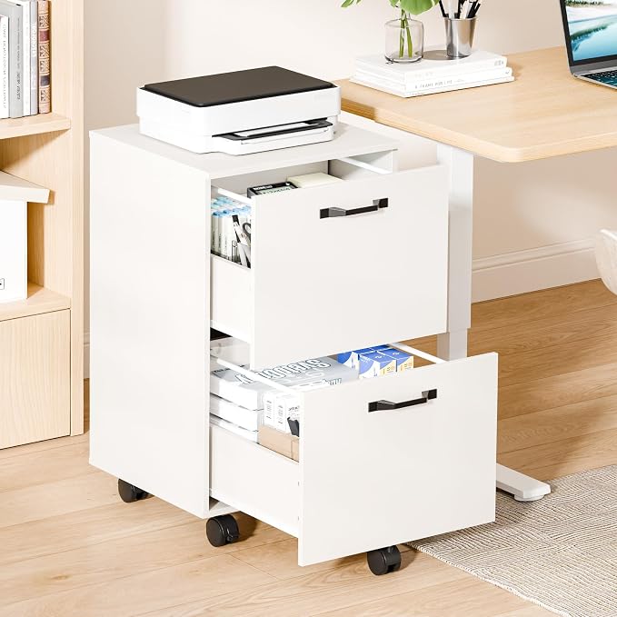 OLIXIS 2 Drawer File Cabinet, Printer Stand with Storage Cabinet | Wood Under Desk Storage Organization Holds Printer, Office Supplies, Not For Hanging Files, Fit Home Office White