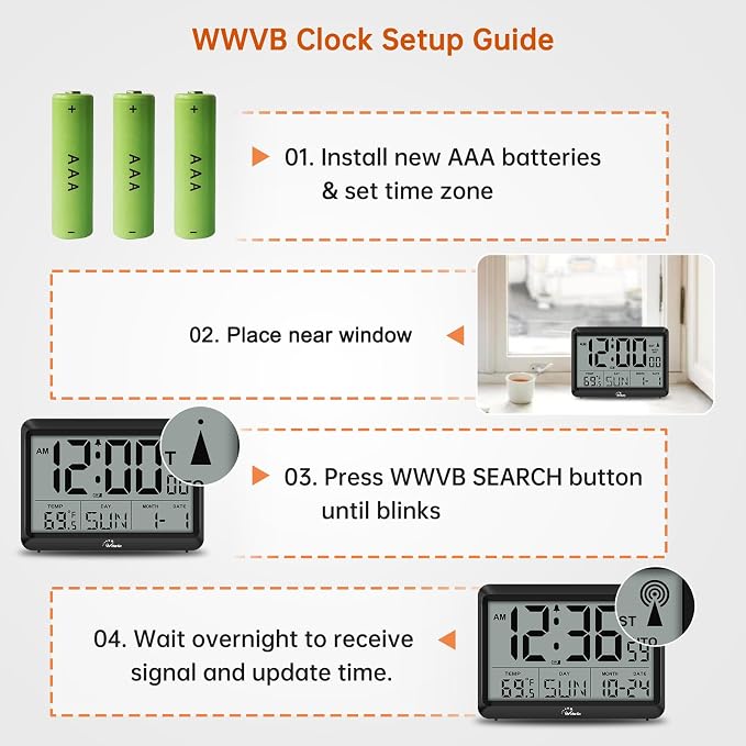 WallarGe Atomic Digital Wall Clock Battery Operated, Self-Setting, Large Display with Temperature, Date, Day of The Week, Silent Wall Mount Digital Clock, 4 Time Zones, DST
