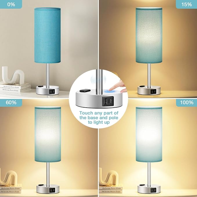 Turquoise Nightstand Table Lamp for Bedroom - 3 Way Dimmable Touch Lamp USB A and C Charging Ports and AC Outlet, Small Lamp for Office Desk with Metal Base, LED Bulb Included